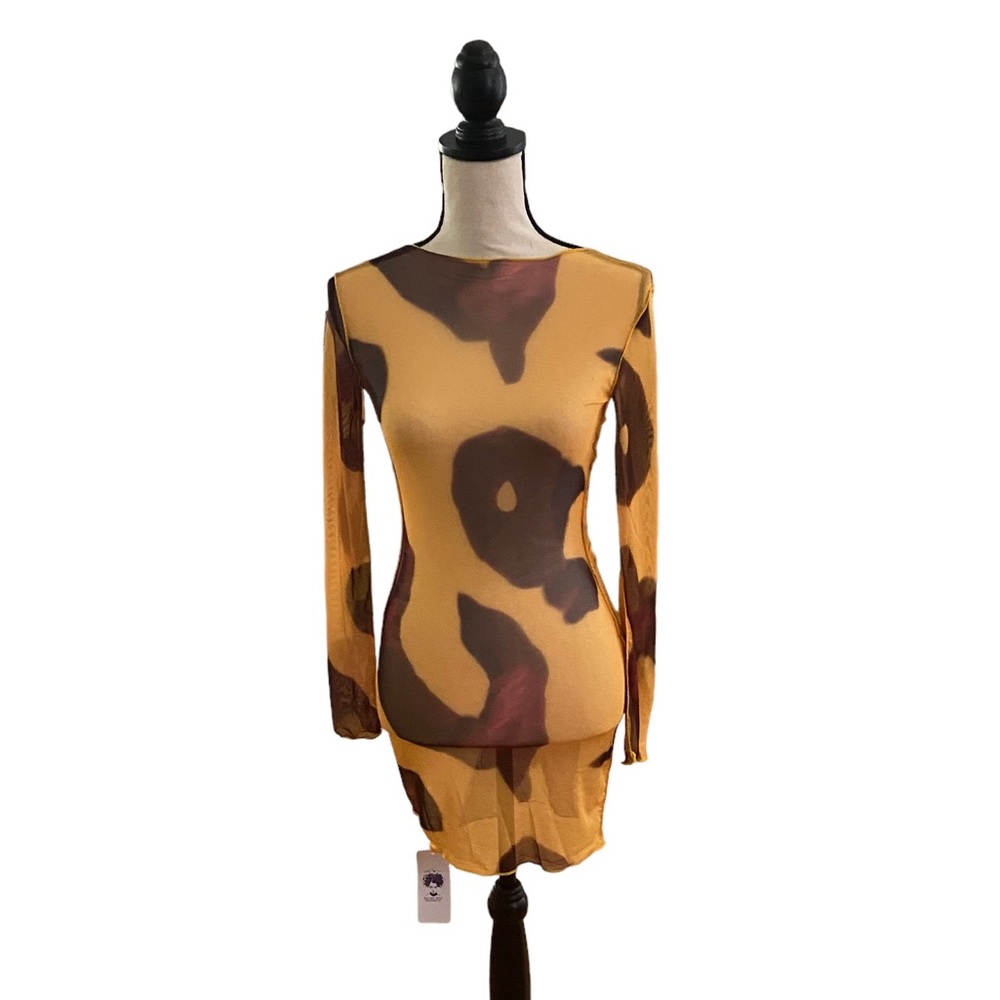 Print Long Sleeve Sheer Triple Tie Back Dress - Picture 1 of 2